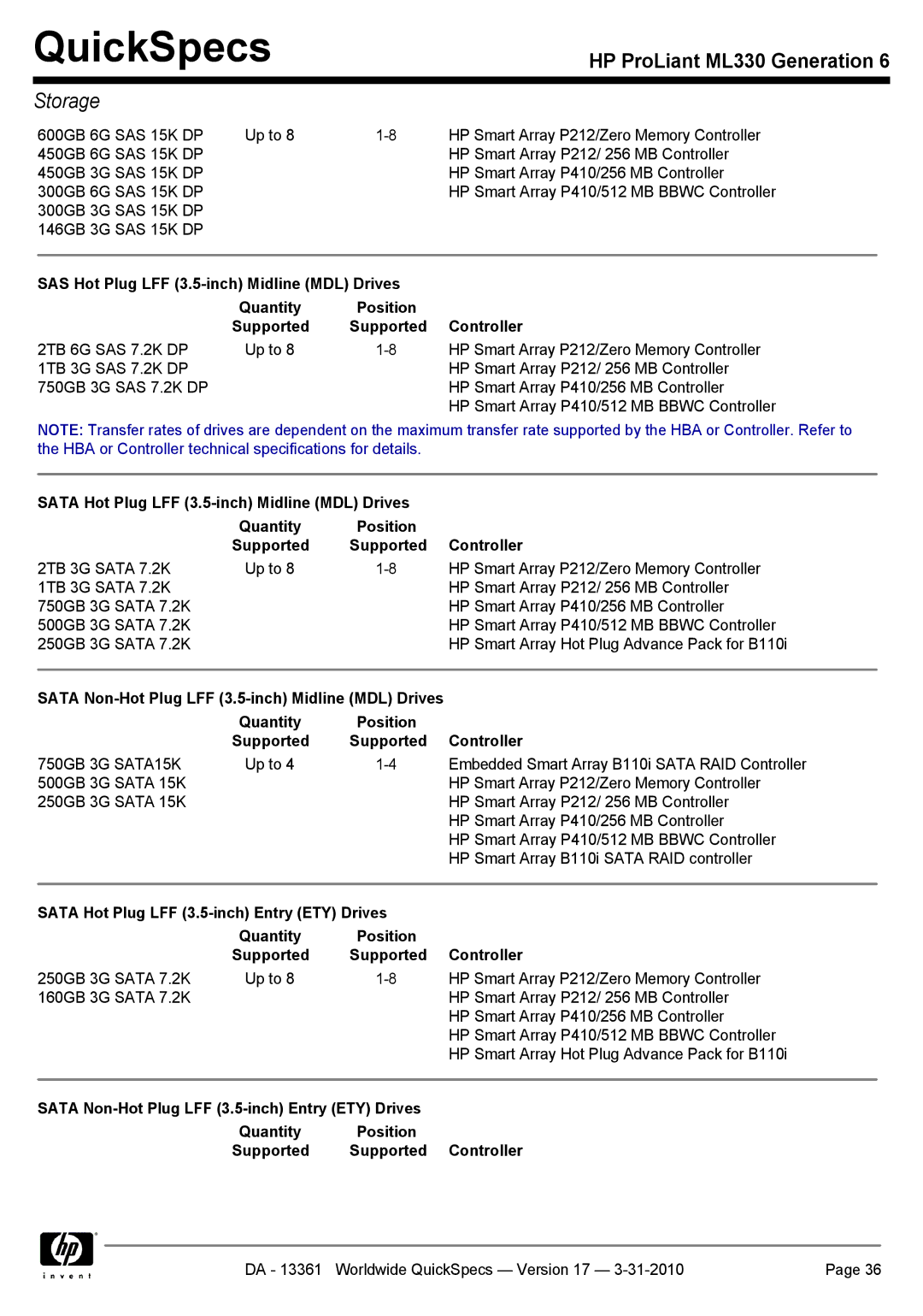 HP ML330 manual QuickSpecs 