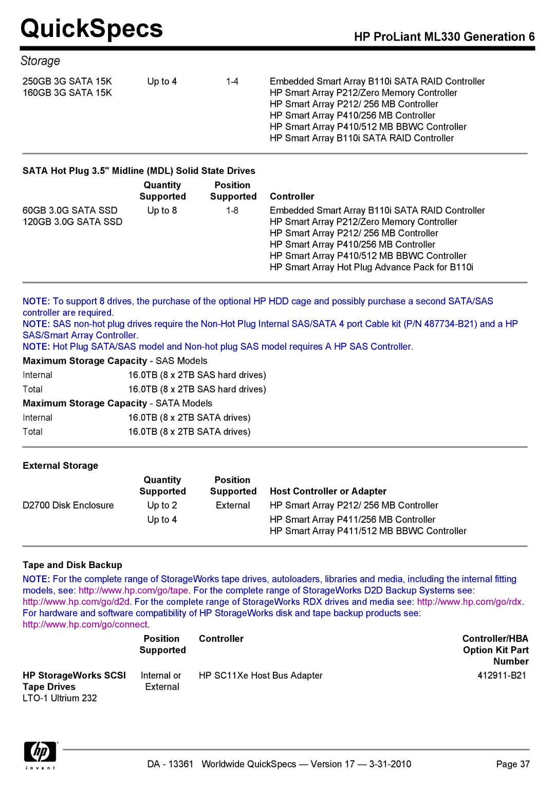 HP ML330 manual Maximum Storage Capacity Sata Models, Tape Drives 