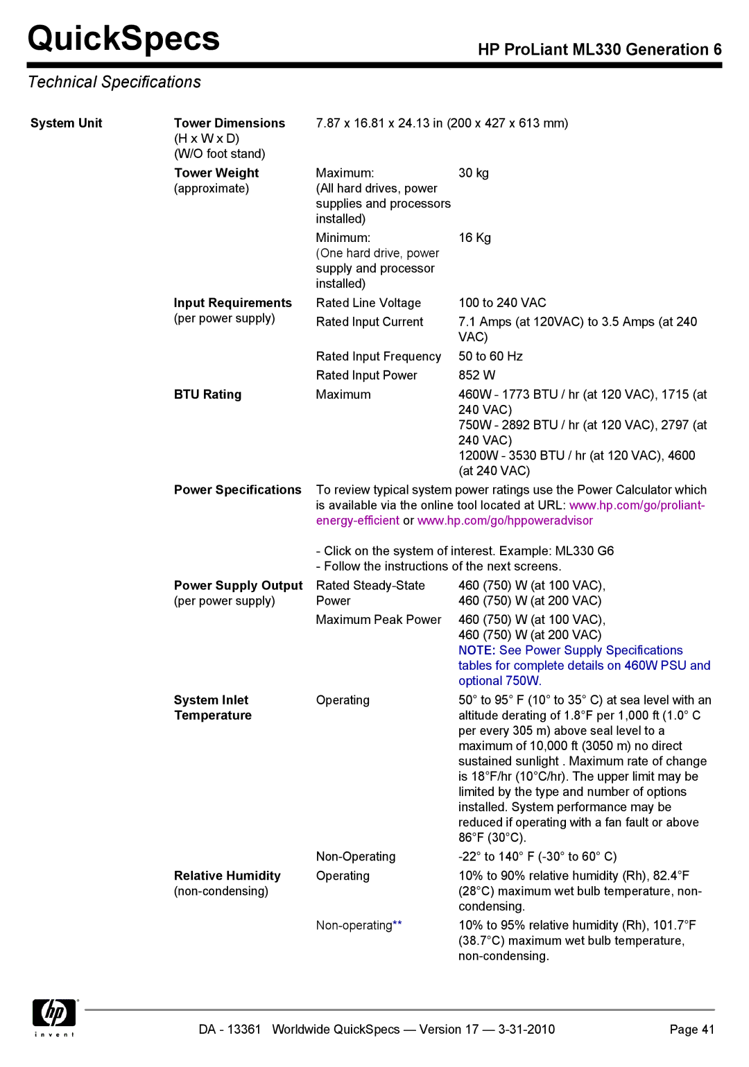 HP ML330 manual Technical Specifications 