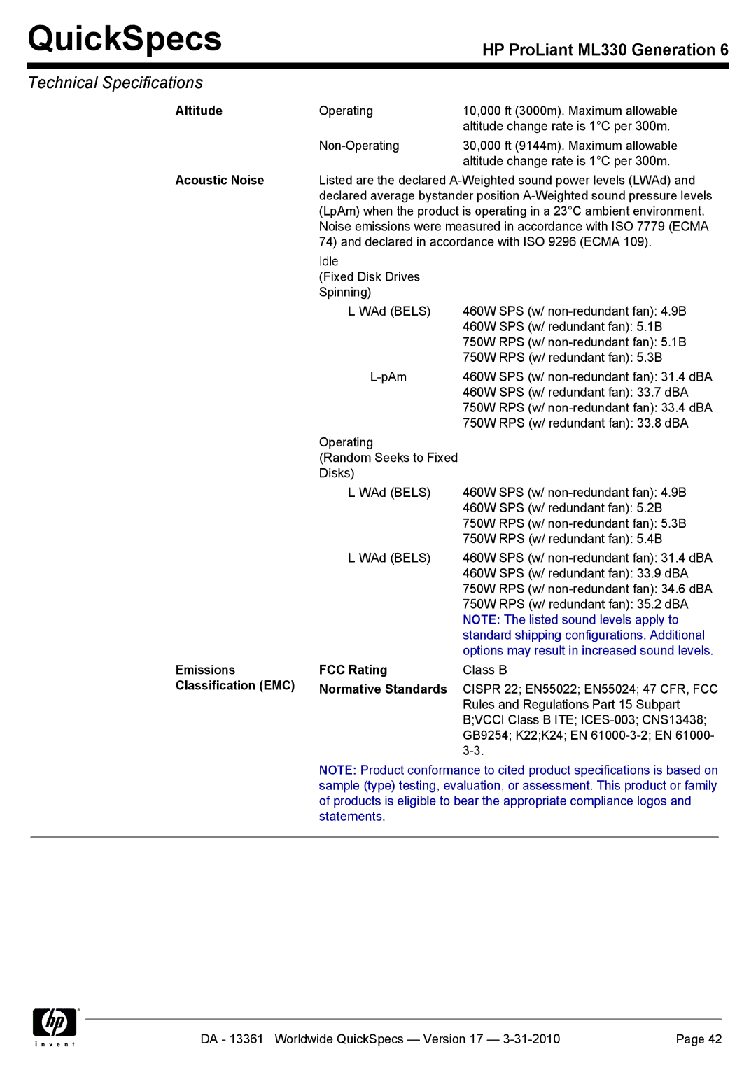 HP ML330 manual Altitude, Acoustic Noise, Emissions FCC Rating, Classification EMC Normative Standards 