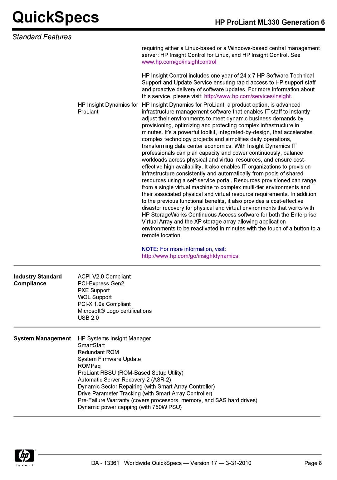 HP ML330 manual Industry Standard, Compliance 