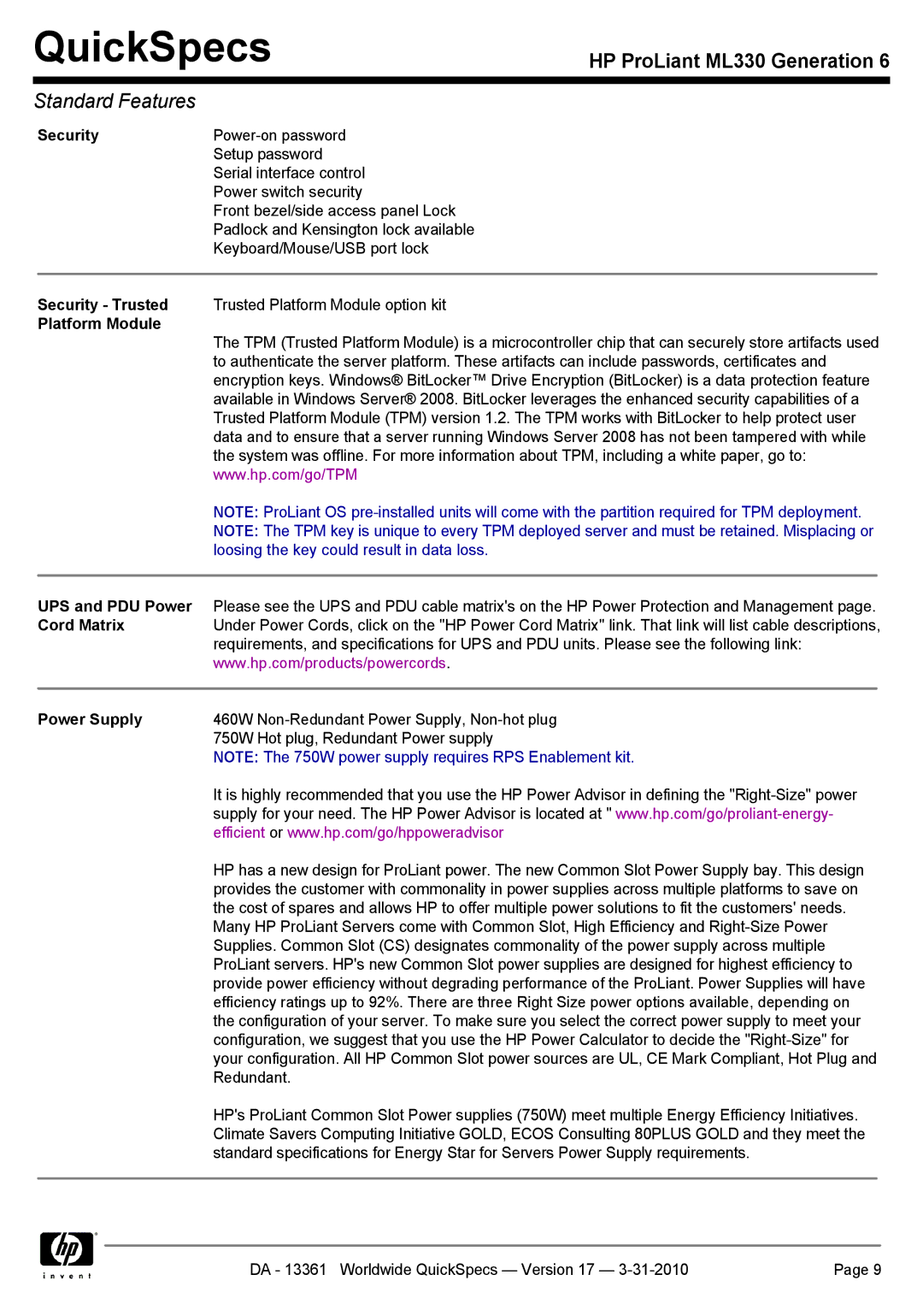 HP ML330 manual Security Trusted, Platform Module, UPS and PDU Power, Cord Matrix, Power Supply 