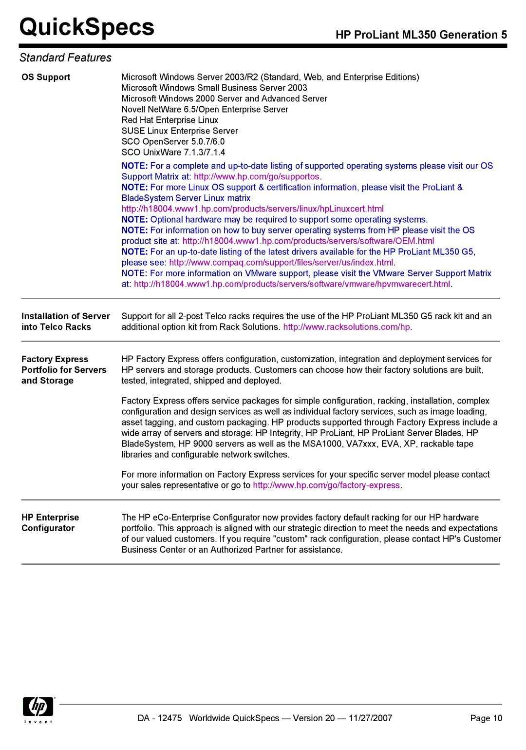 HP ML350 manual OS Support, Installation of Server, Into Telco Racks Factory Express, Portfolio for Servers, HP Enterprise 