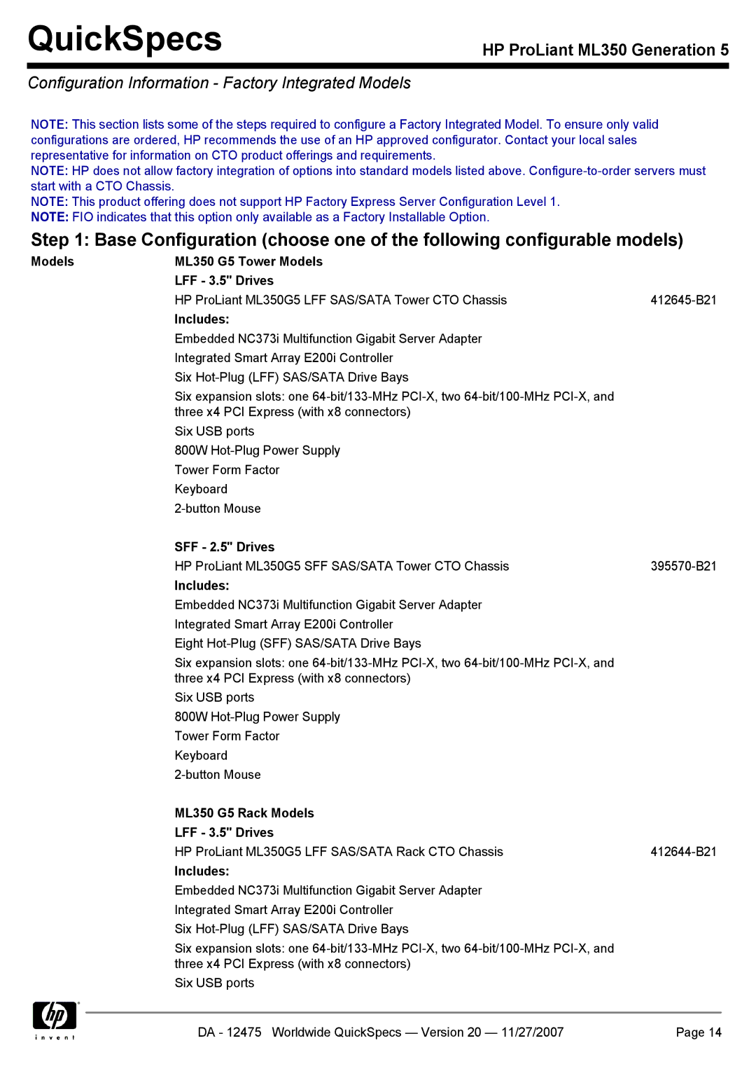 HP manual Configuration Information Factory Integrated Models, SFF 2.5 Drives, ML350 G5 Rack Models LFF 3.5 Drives 