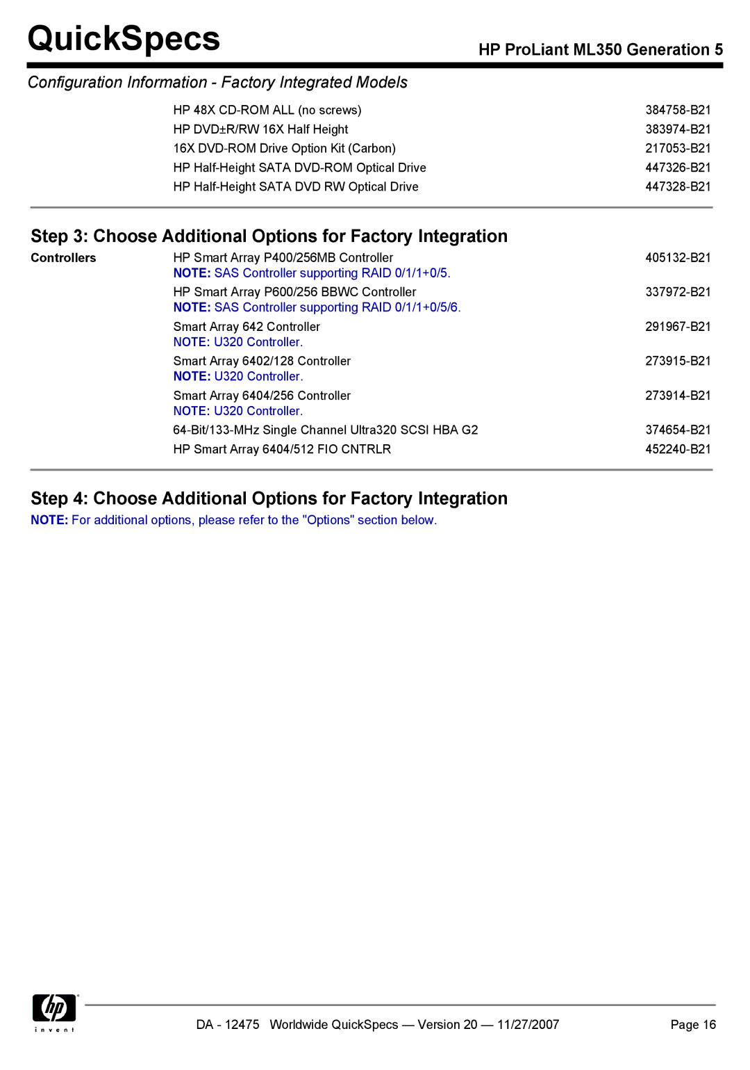 HP ML350 manual Choose Additional Options for Factory Integration, Controllers 