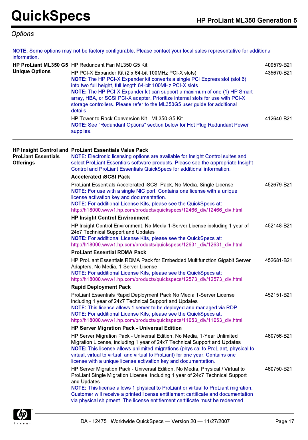 HP ML350 manual Options 