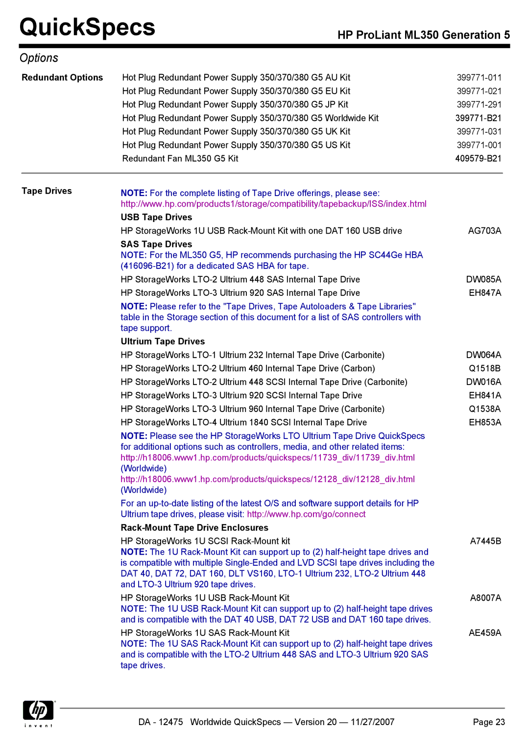 HP ML350 manual Redundant Options, Tape Drives USB Tape Drives, SAS Tape Drives, Ultrium Tape Drives 