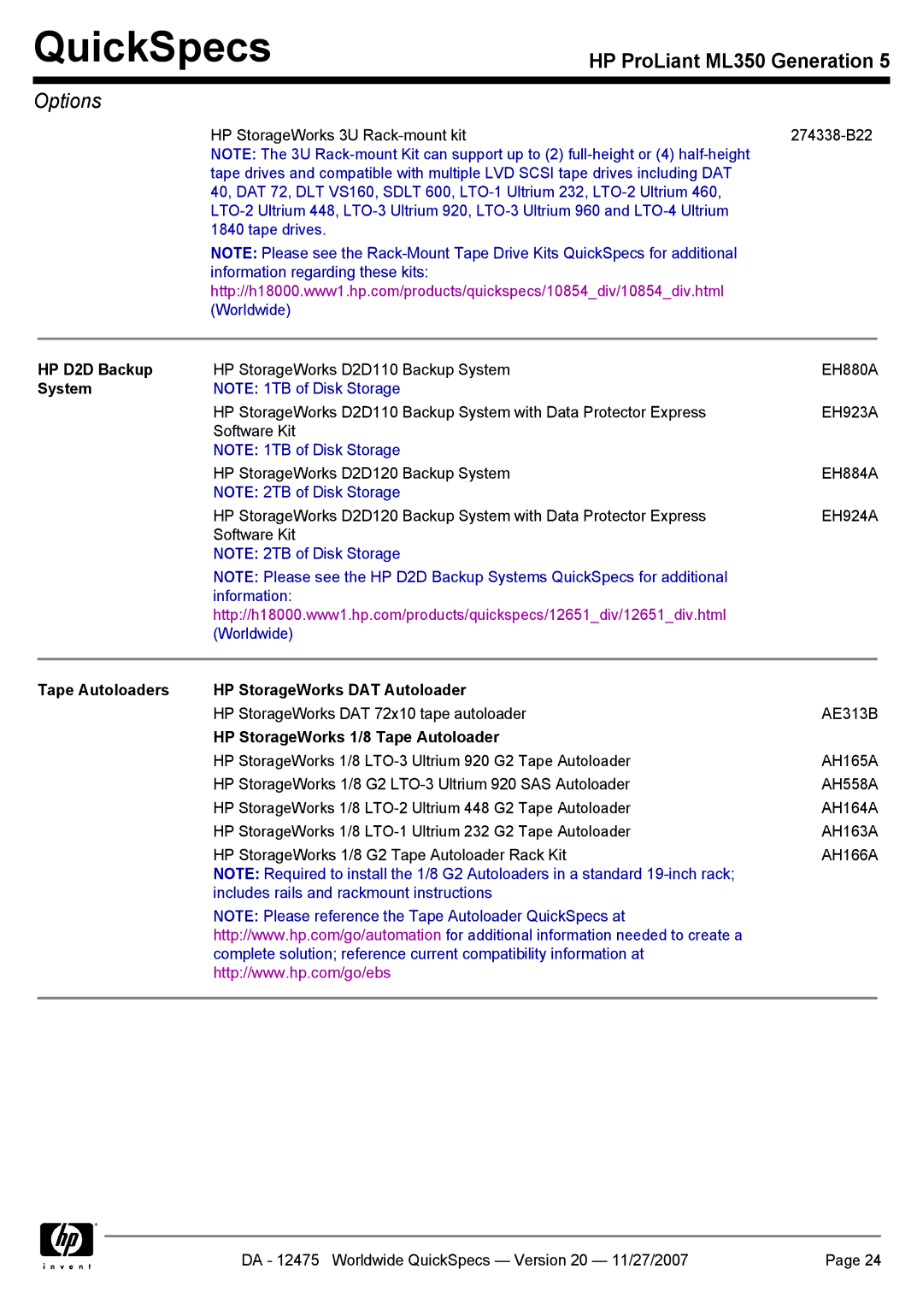 HP ML350 manual HP StorageWorks D2D110 Backup System EH880A, HP StorageWorks DAT 72x10 tape autoloader AE313B 