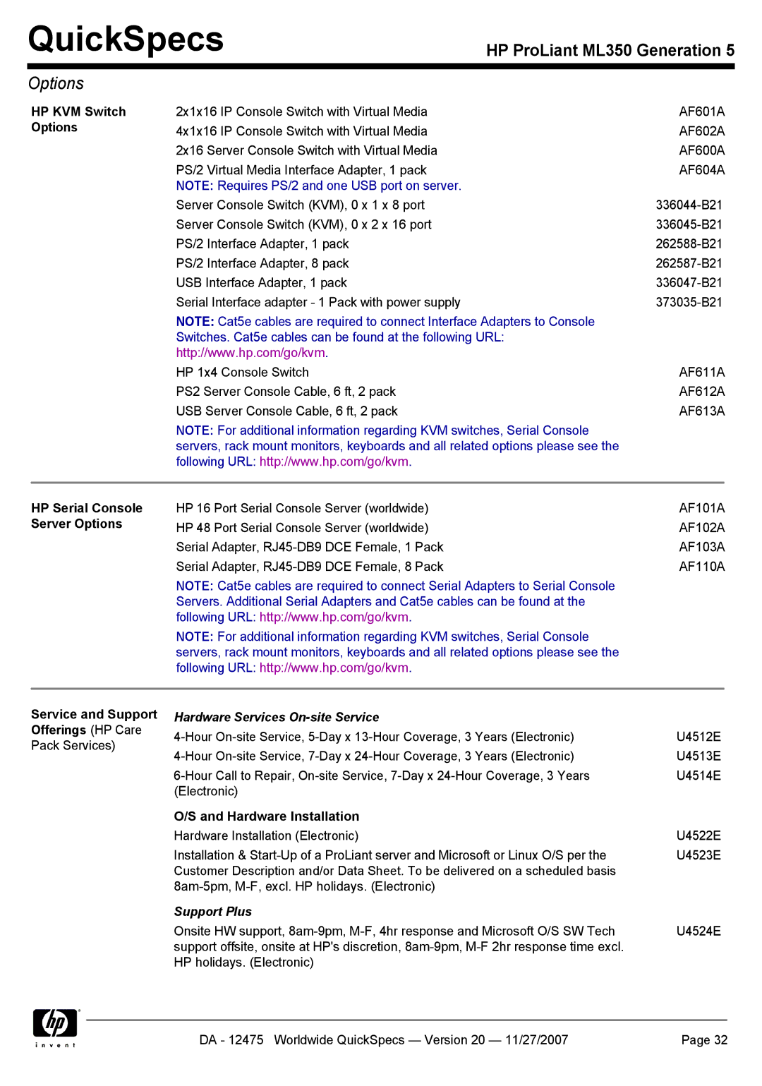 HP ML350 manual HP KVM Switch Options, HP Serial Console, Server Options, Service and Support Offerings HP Care 