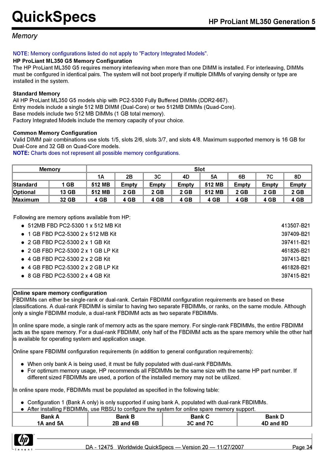 HP manual HP ProLiant ML350 G5 Memory Configuration, Standard Memory, Common Memory Configuration 