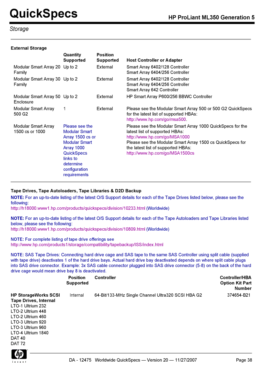 HP ML350 manual External Storage Quantity Position Supported, Host Controller or Adapter, Tape Drives, Internal 