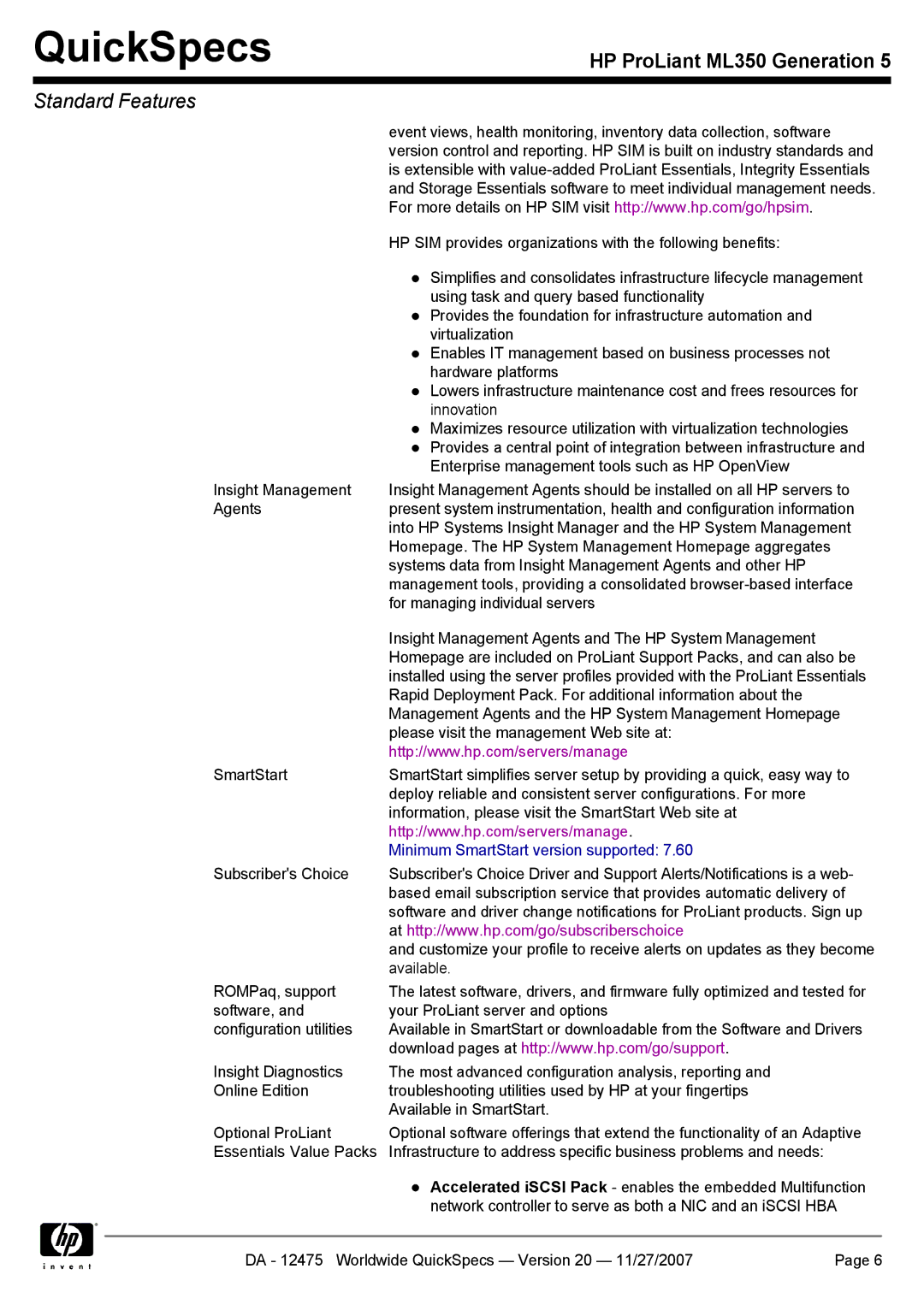 HP ML350 manual Minimum SmartStart version supported 