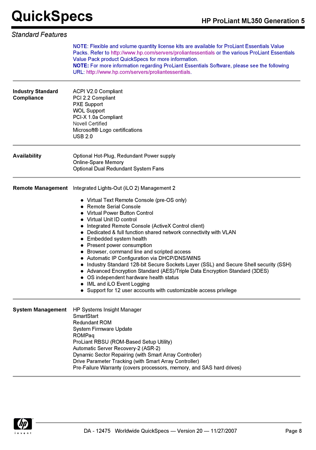 HP ML350 manual Industry Standard, Compliance, Availability, Remote Management, System Management 