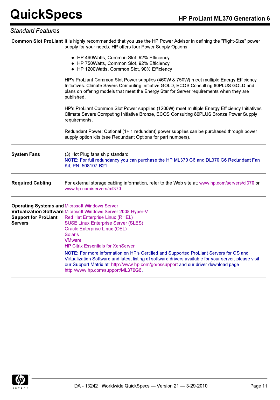 HP ML370 manual System Fans, Required Cabling 