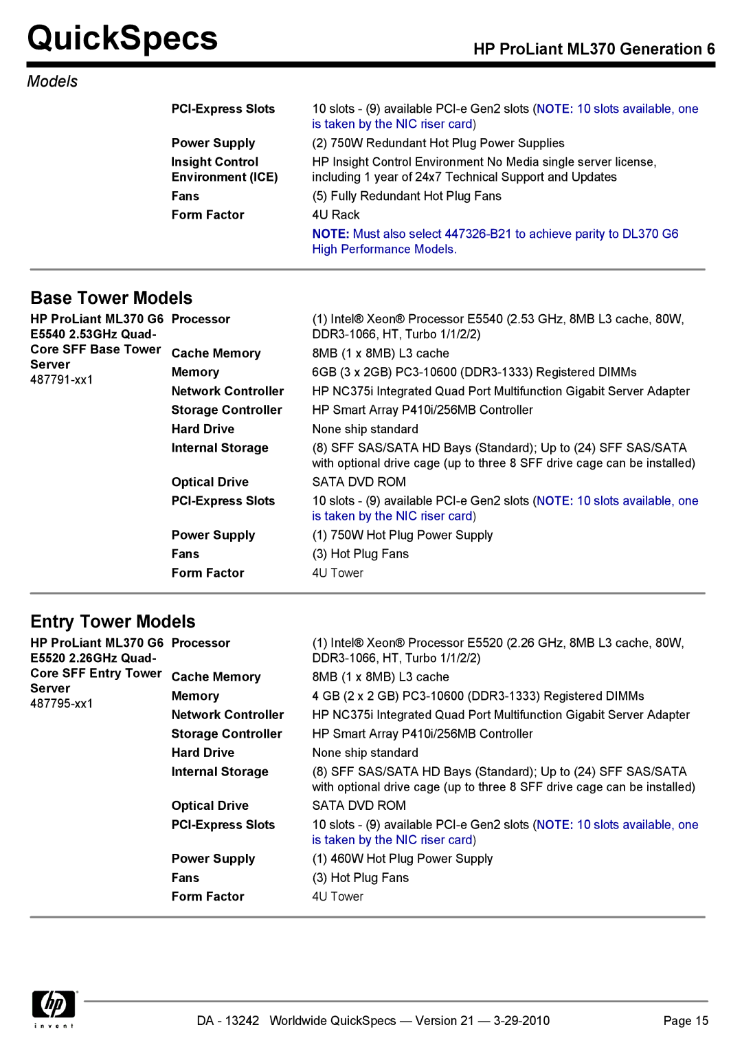 HP manual Insight Control, Environment ICE, HP ProLiant ML370 G6 Processor, E5540 2.53GHz Quad, E5520 2.26GHz Quad 