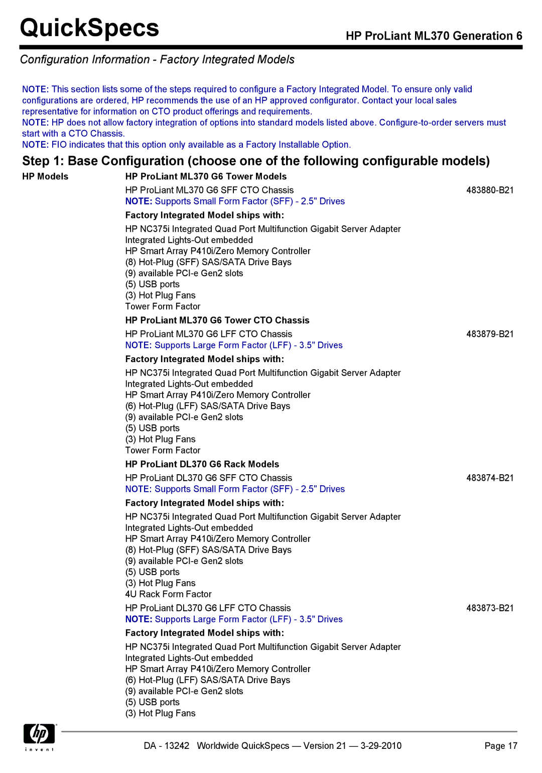 HP manual Configuration Information Factory Integrated Models, HP ProLiant ML370 G6 Tower CTO Chassis 