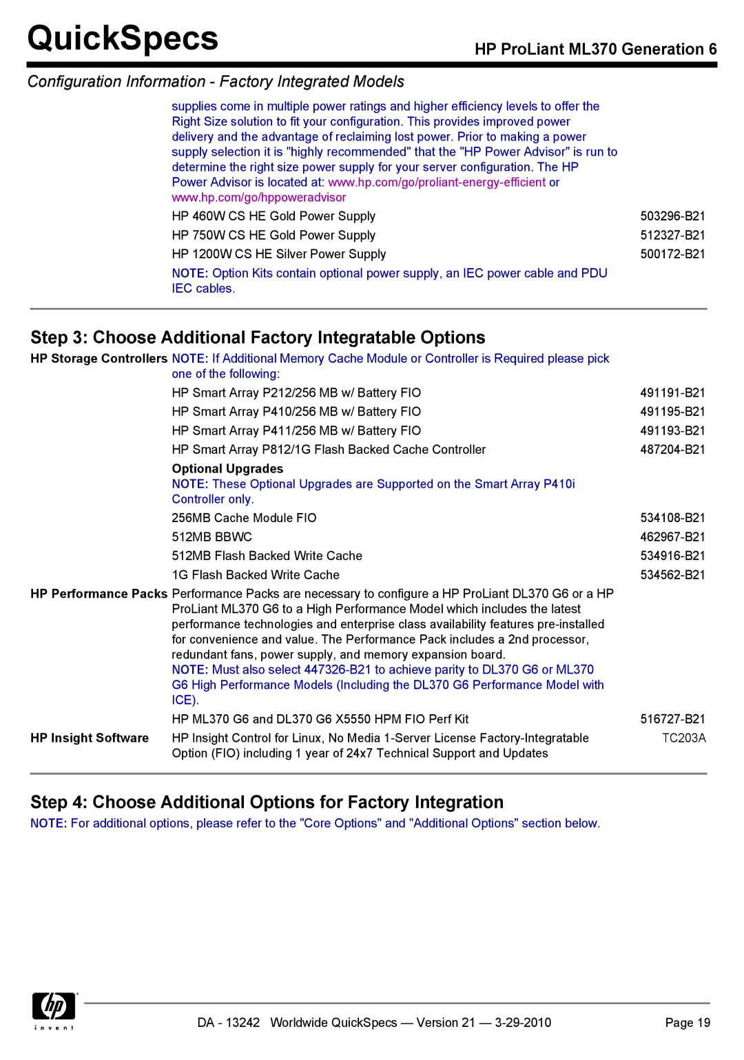 HP ML370 manual Choose Additional Factory Integratable Options, Optional Upgrades 