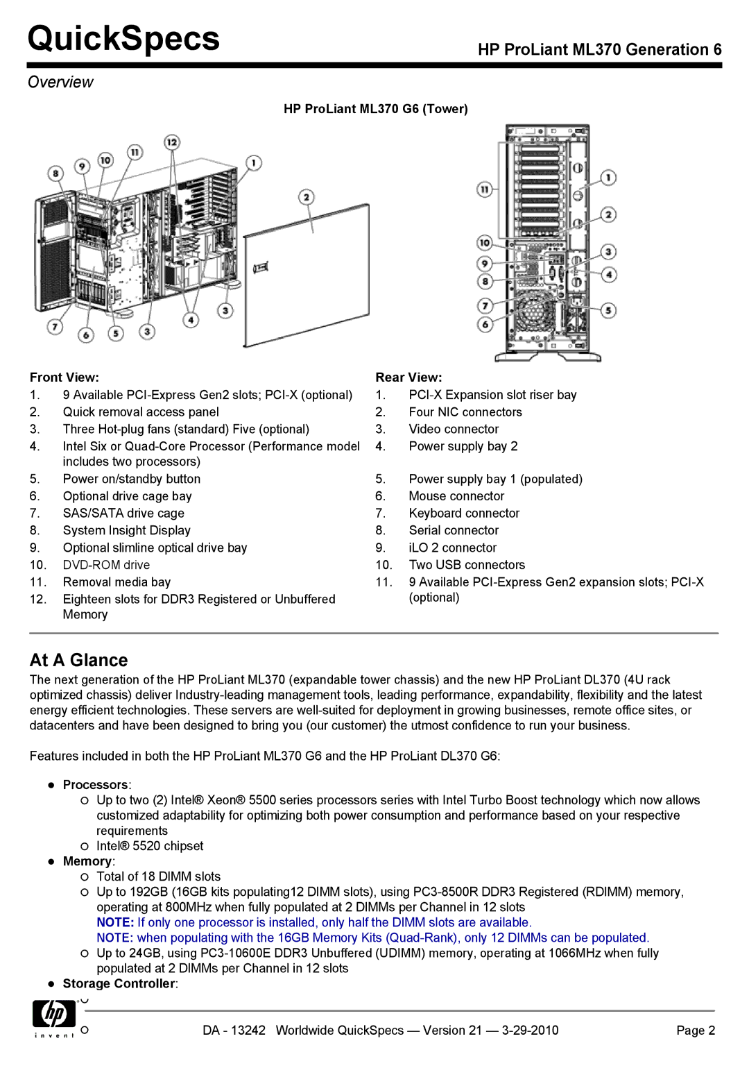 HP manual HP ProLiant ML370 G6 Tower Front View, Processors 