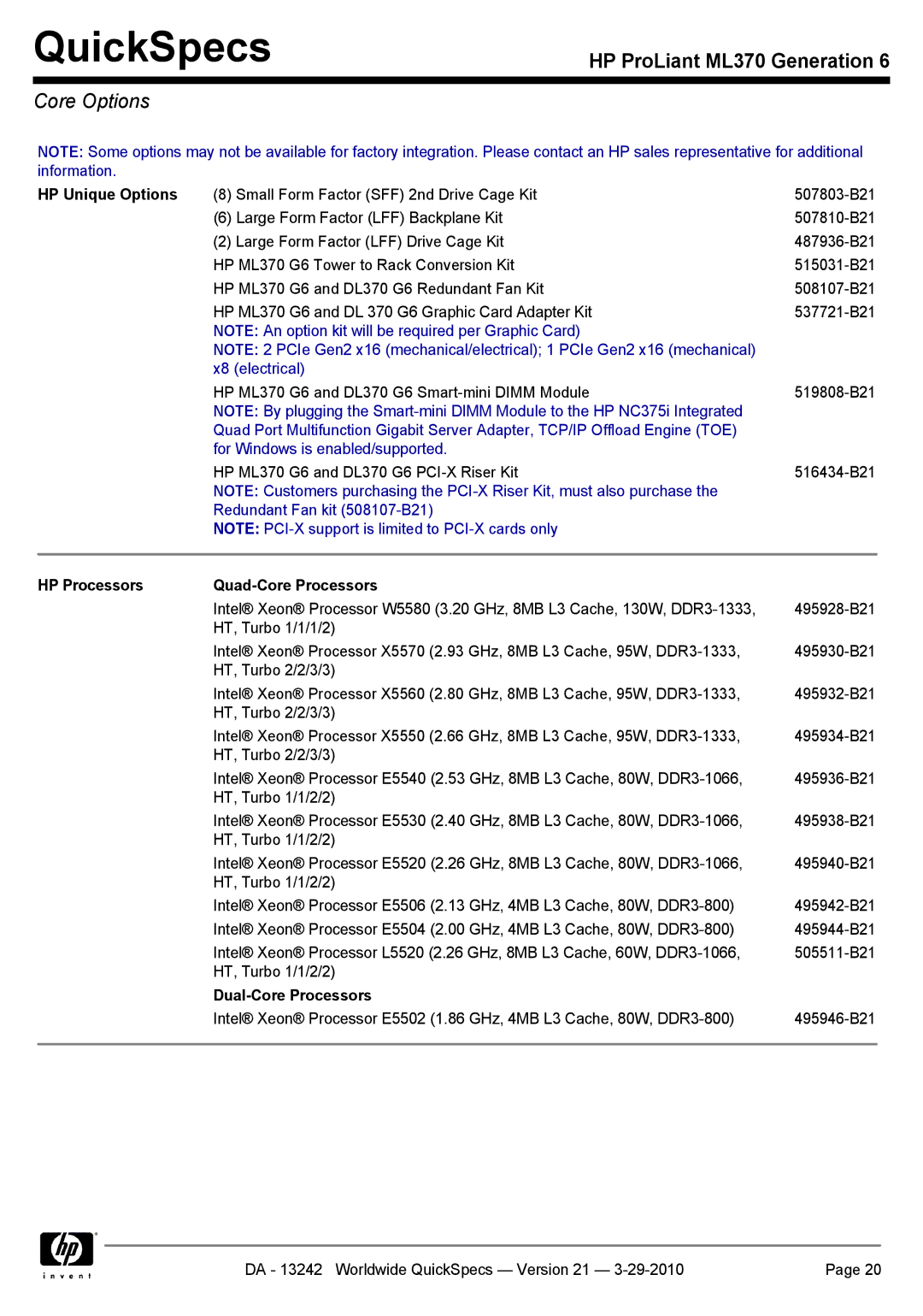 HP ML370 manual Core Options, HP Unique Options, HP Processors Quad-Core Processors 