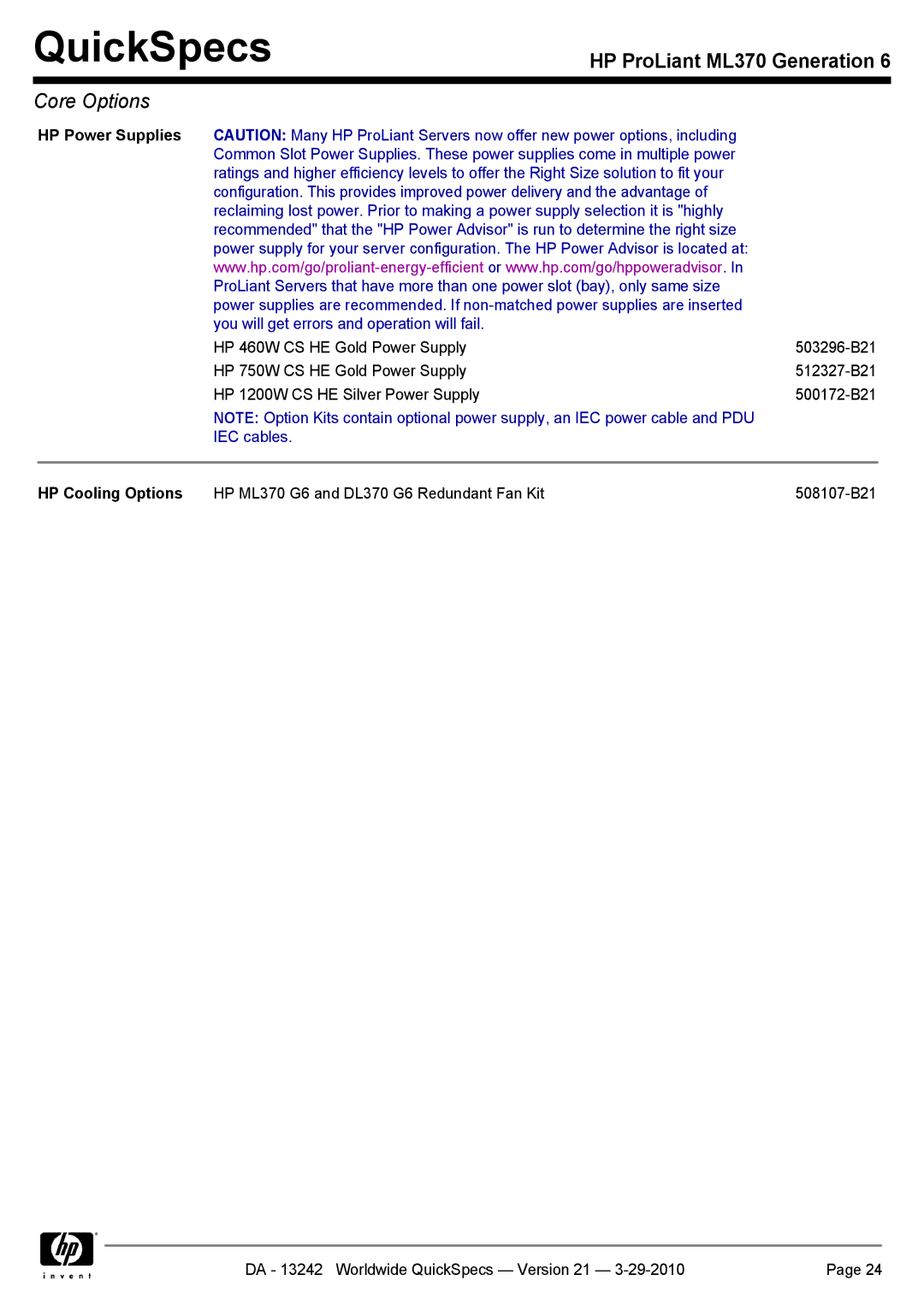 HP ML370 manual HP Power Supplies 