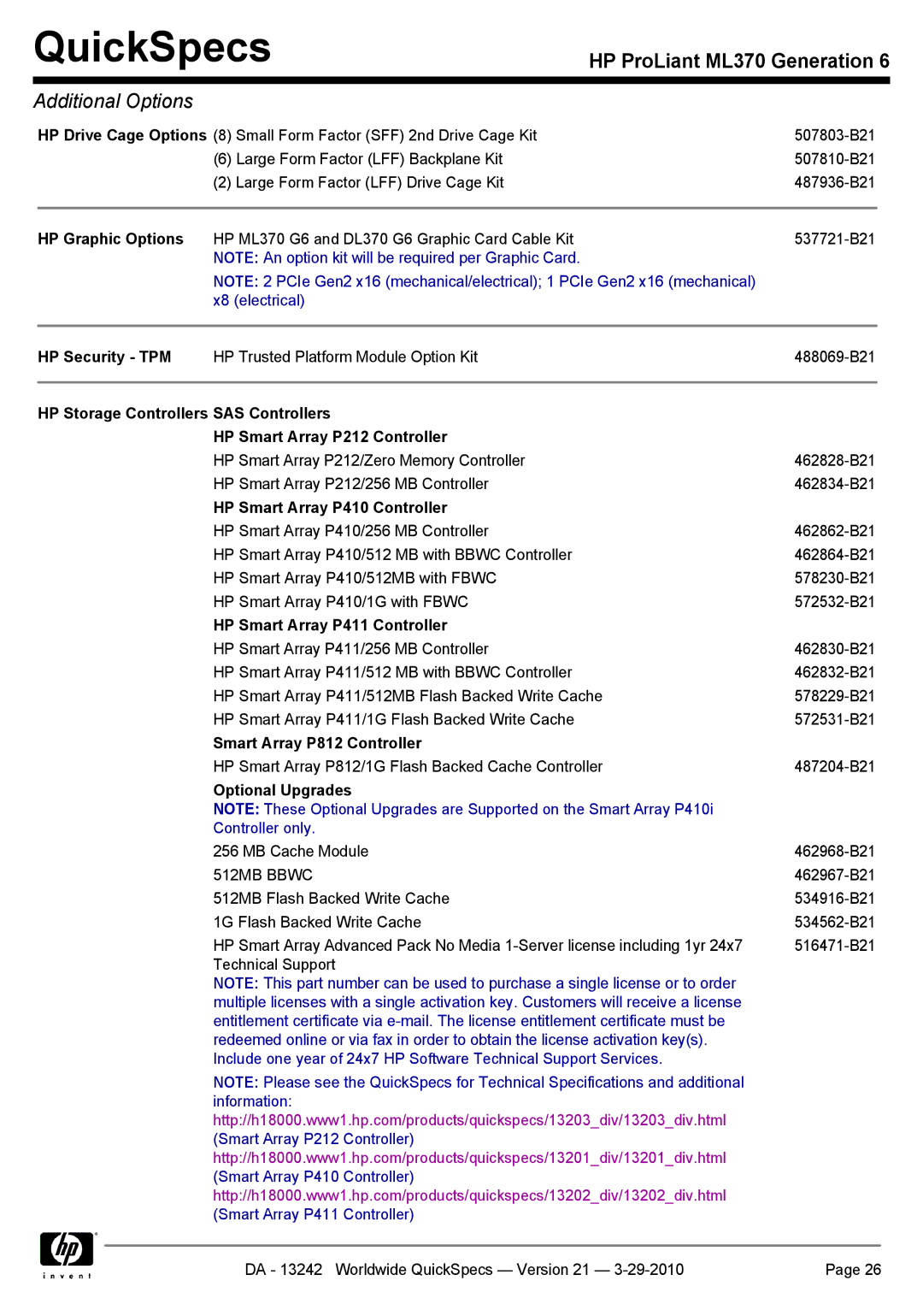 HP ML370 manual HP Graphic Options, HP Security TPM, HP Smart Array P410 Controller, HP Smart Array P411 Controller 