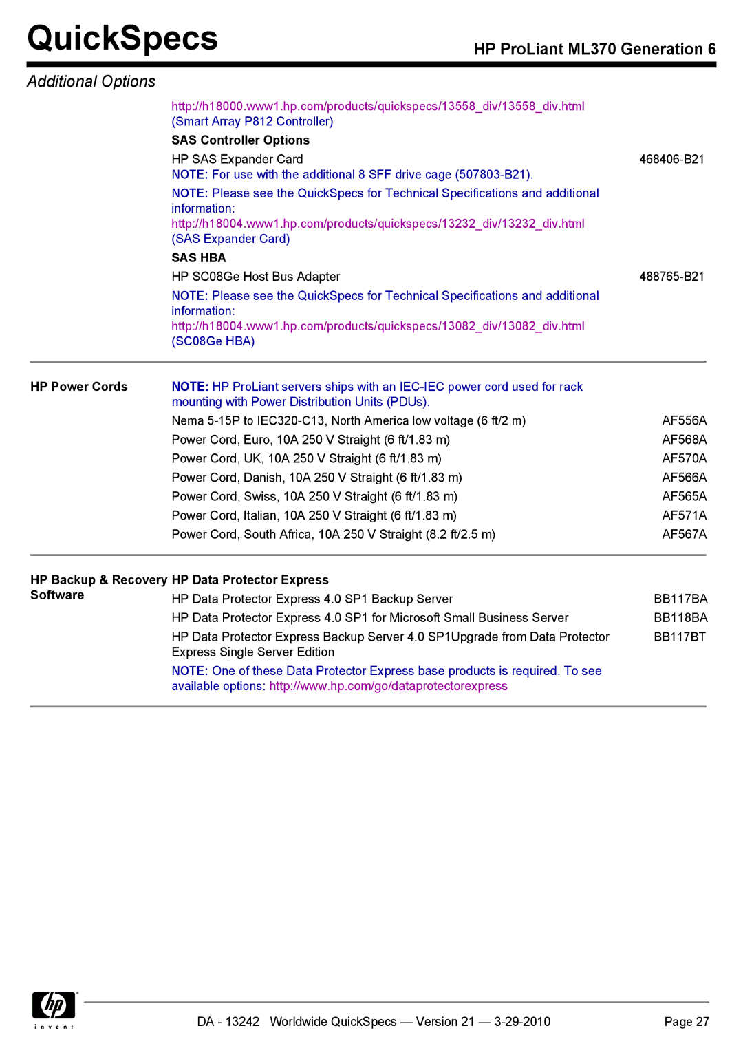 HP ML370 manual SAS Controller Options, HP Power Cords, HP Backup & Recovery HP Data Protector Express Software 