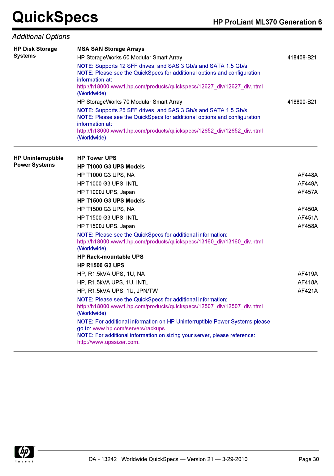 HP ML370 manual HP T1500 G3 UPS Models, HP Rack-mountable UPS HP R1500 G2 UPS 