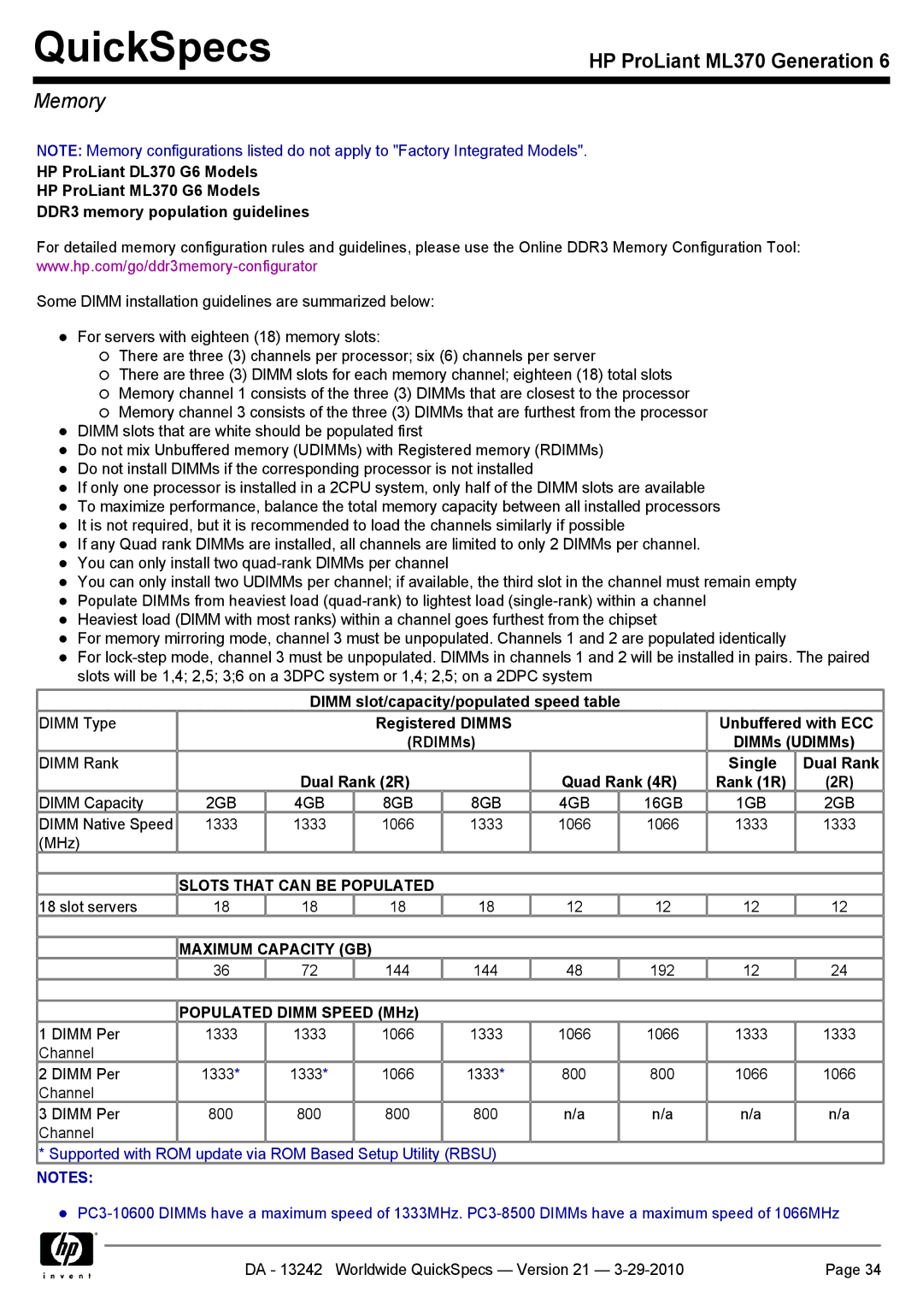 HP ML370 manual Memory, Dimm slot/capacity/populated speed table, Registered Dimms Unbuffered with ECC RDIMMs DIMMs UDIMMs 
