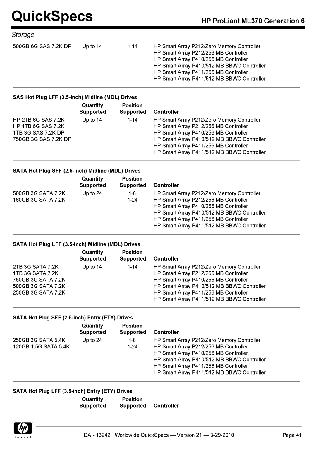 HP ML370 manual QuickSpecs 