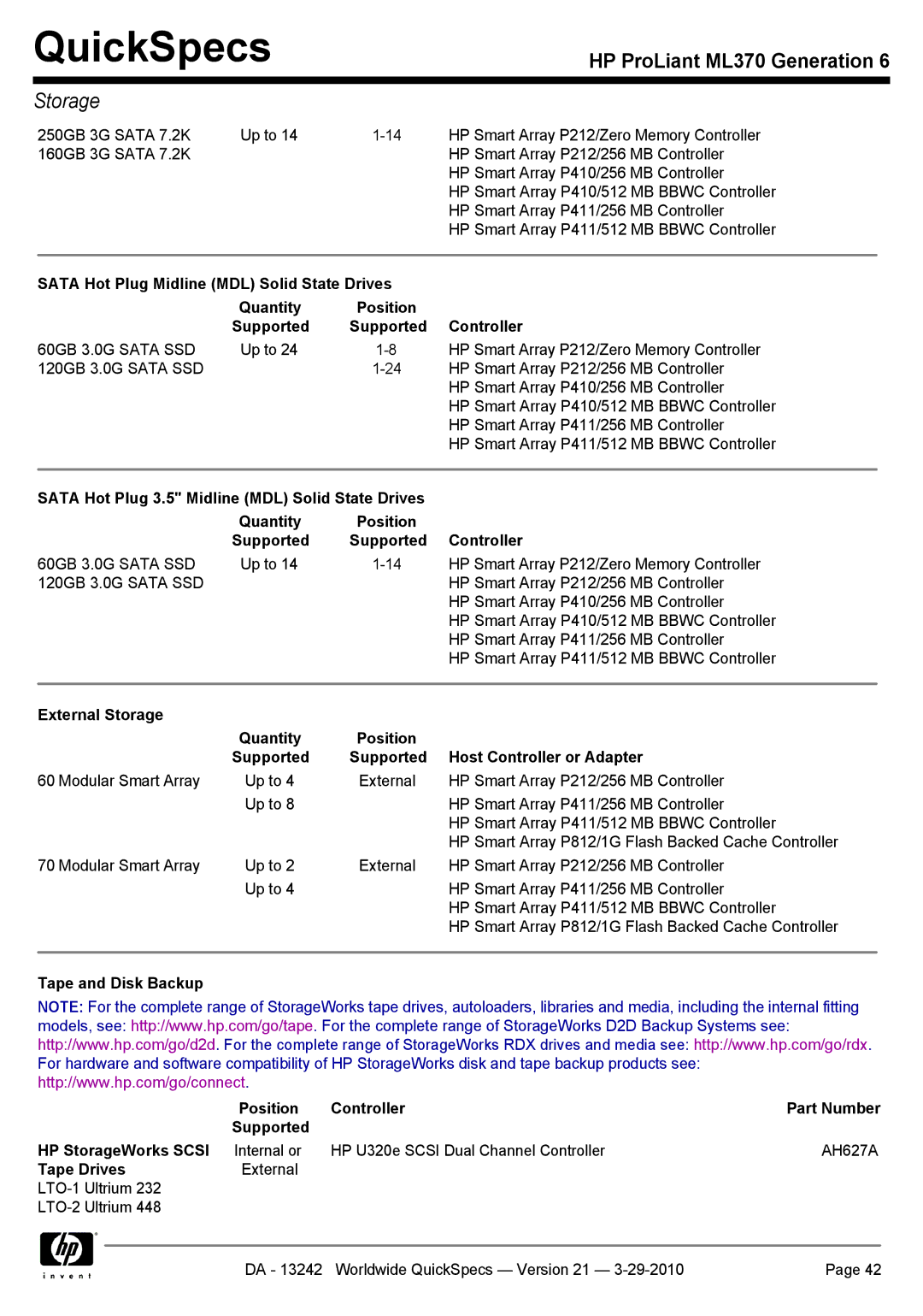 HP ML370 manual 120GB 3.0G Sata SSD, Tape Drives 