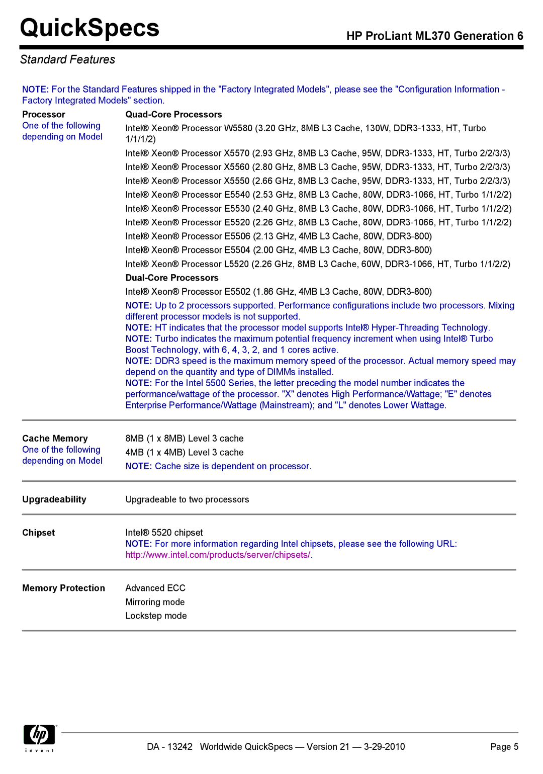 HP ML370 manual Standard Features 