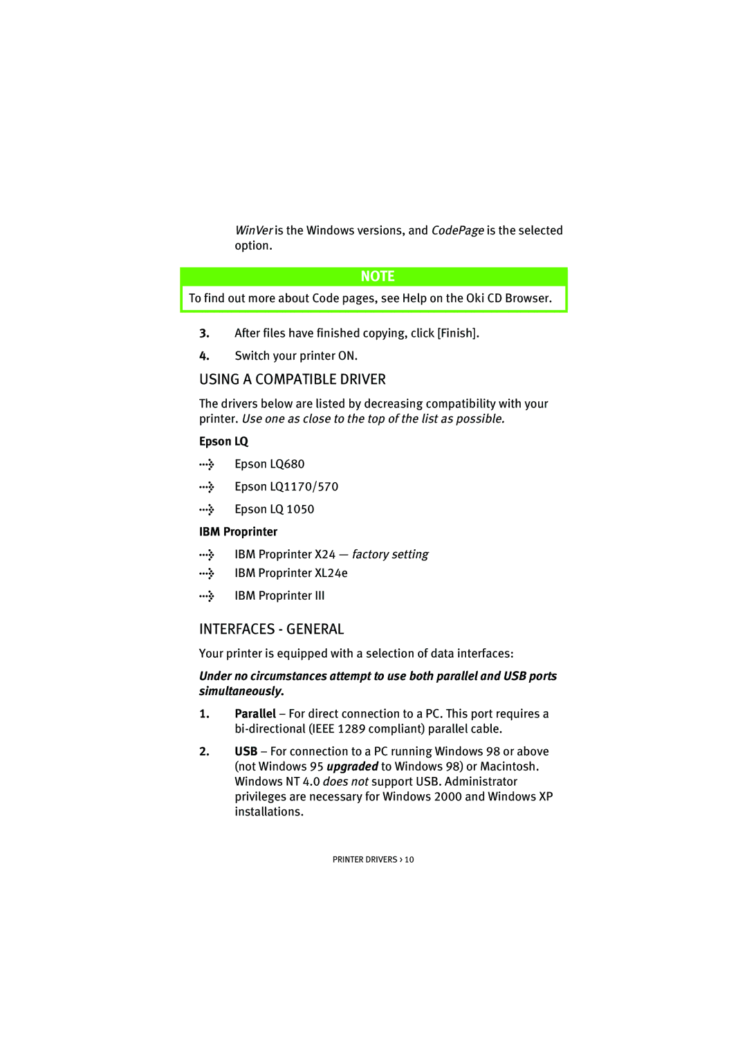 HP ML5590/91 manual Using a Compatible Driver, Interfaces General, Epson LQ, IBM Proprinter 