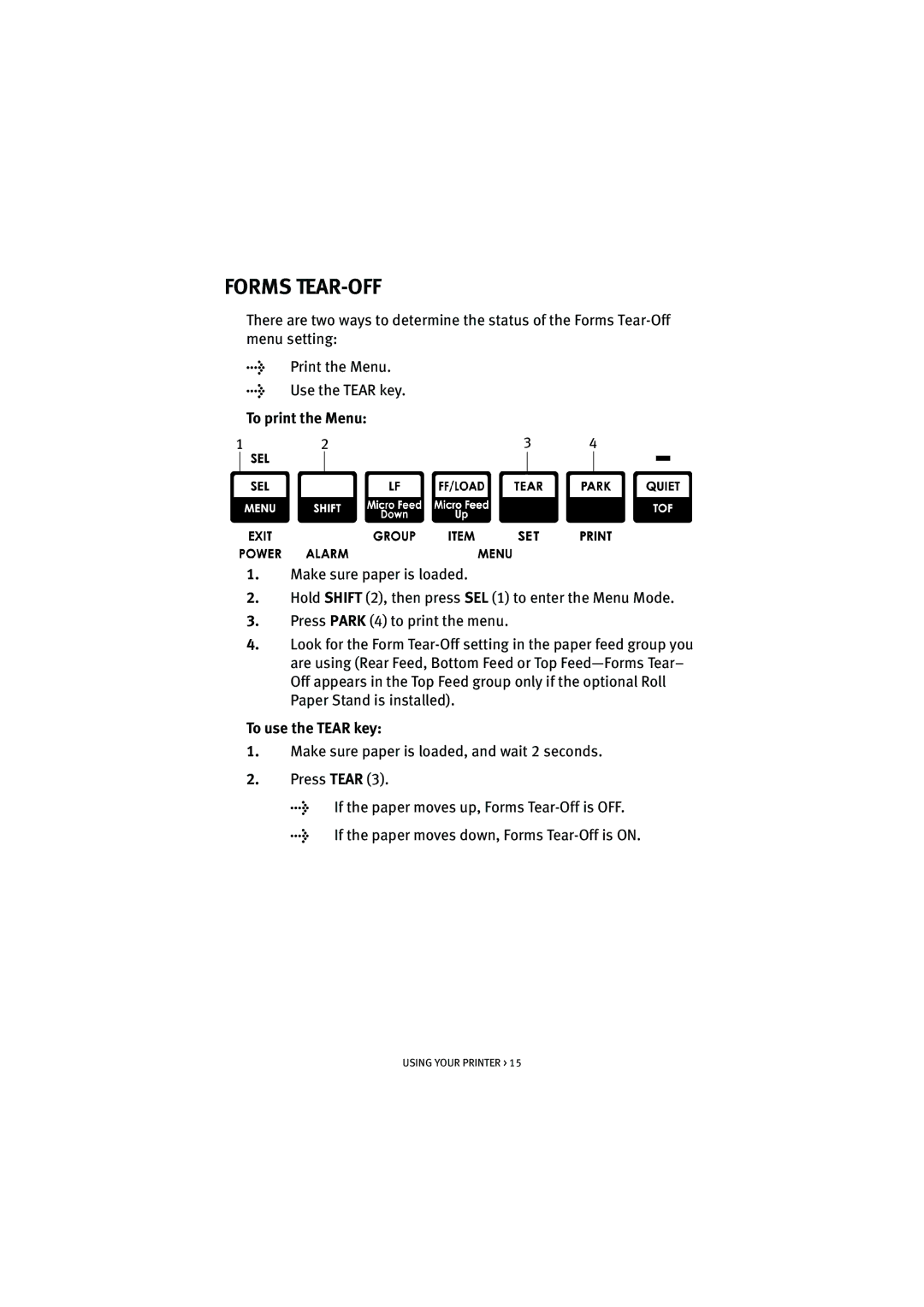 HP ML5590/91 manual Forms TEAR-OFF, To print the Menu, To use the Tear key 