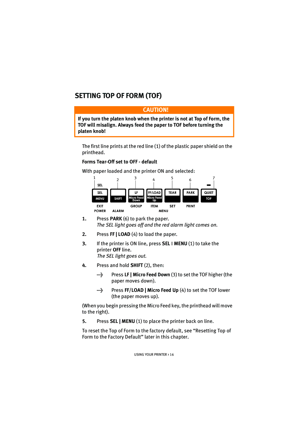 HP ML5590/91 manual Setting TOP of Form TOF, Forms Tear-Off set to OFF default 