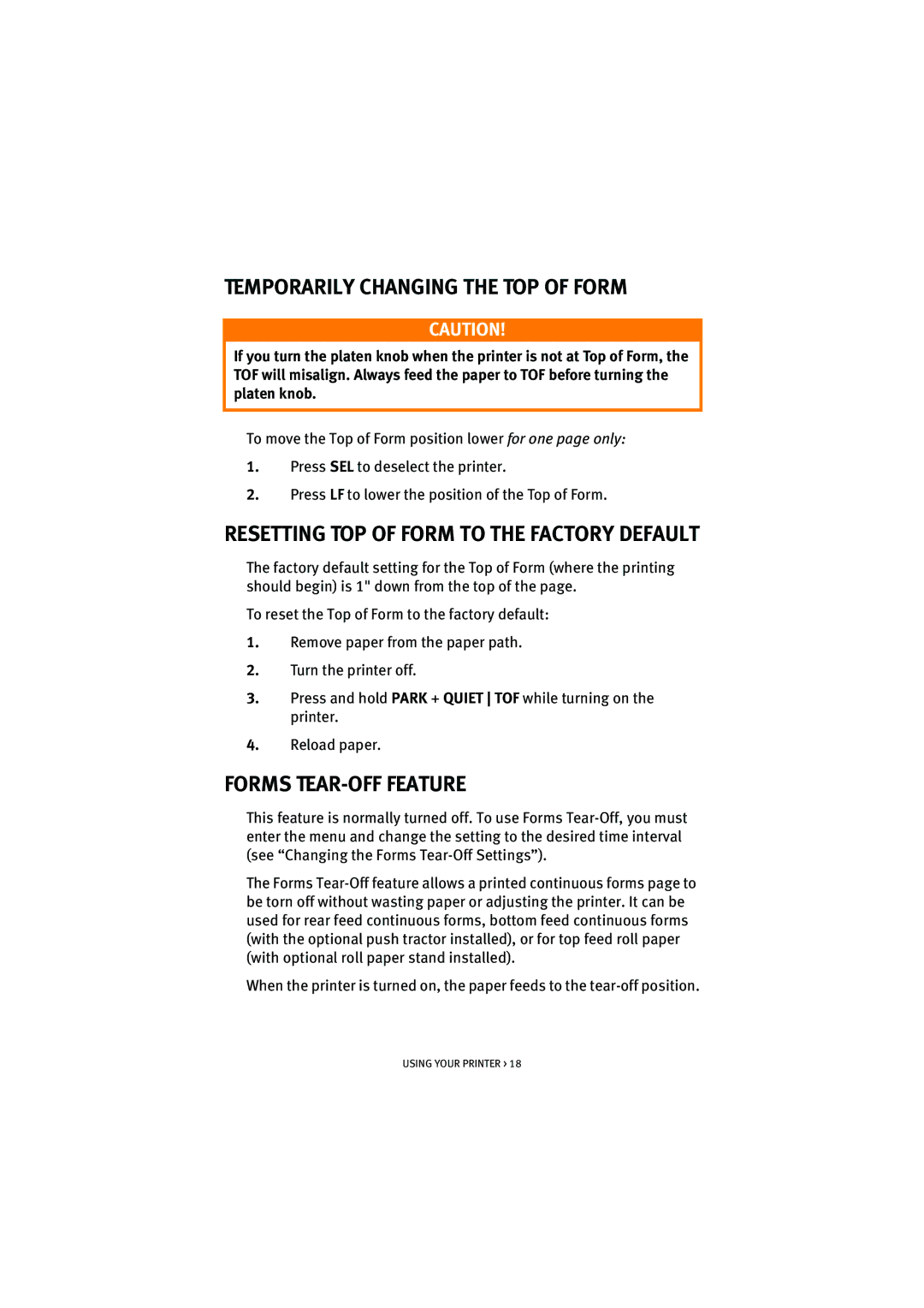 HP ML5590/91 manual Temporarily Changing the TOP of Form, Forms TEAR-OFF Feature 