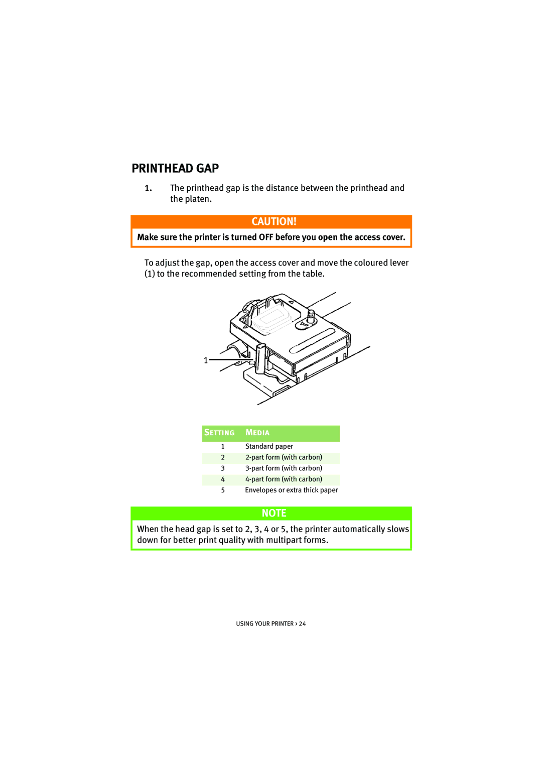 HP ML5590/91 manual Printhead GAP, Setting Media 