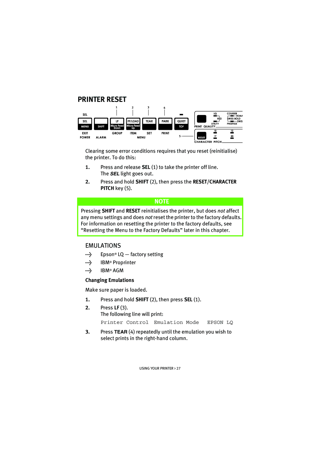 HP ML5590/91 manual Printer Reset, Changing Emulations 