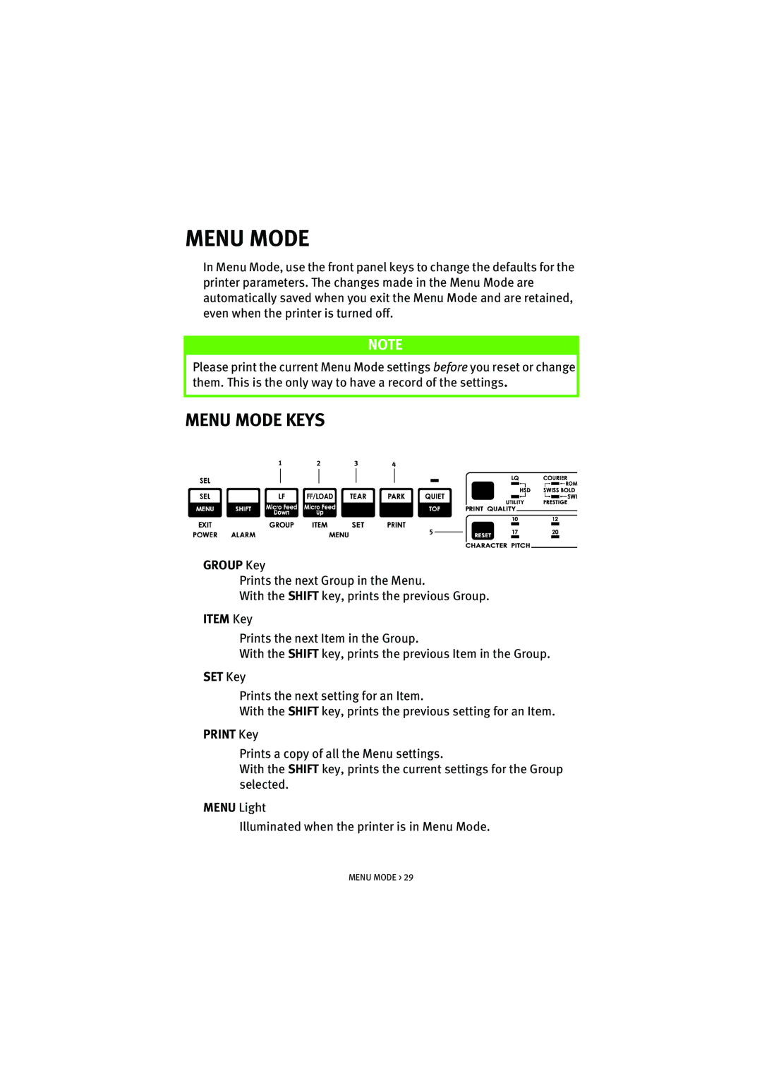 HP ML5590/91 manual Menu Mode Keys 