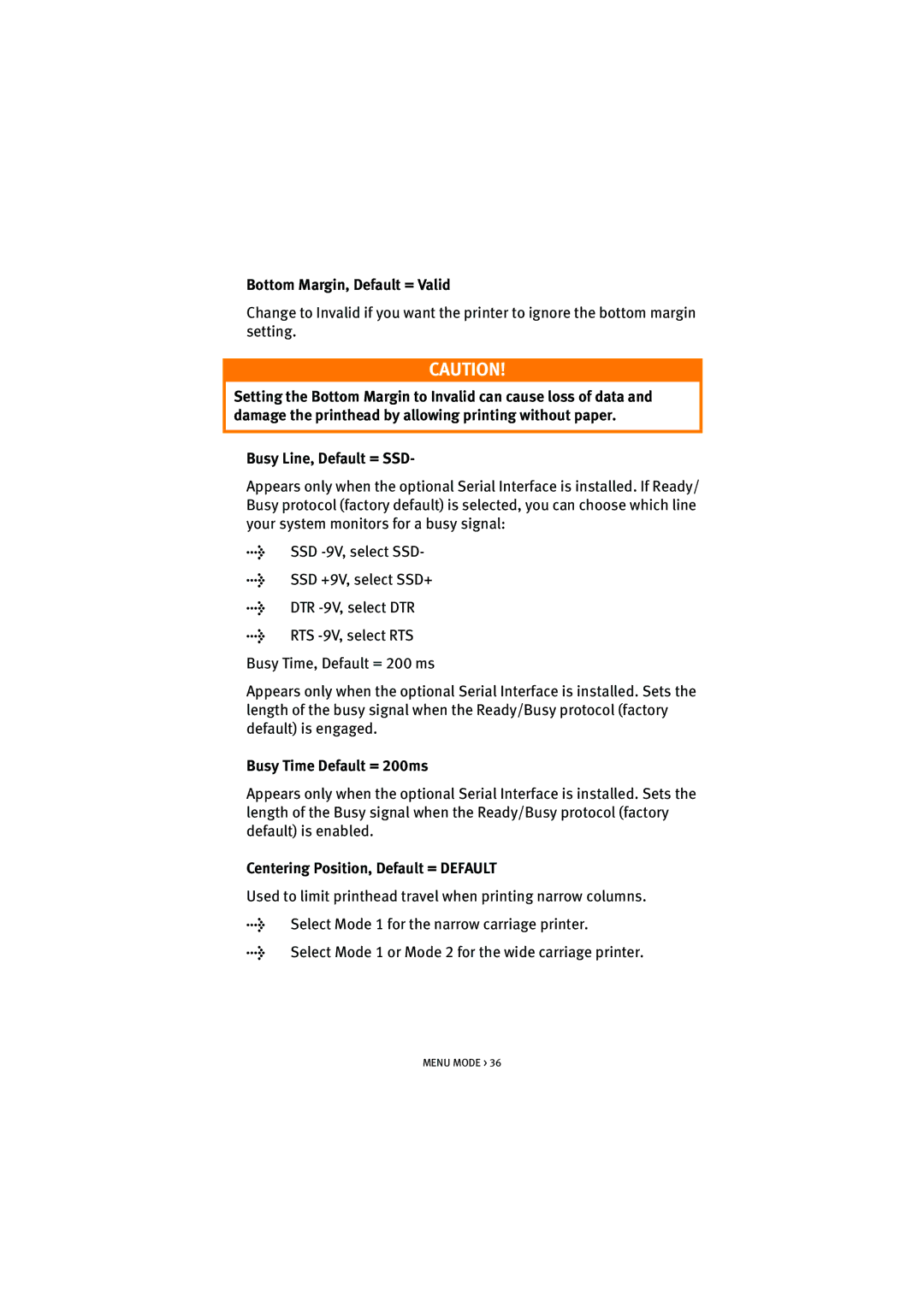 HP ML5590/91 manual Bottom Margin, Default = Valid, Busy Line, Default = SSD, Busy Time Default = 200ms 