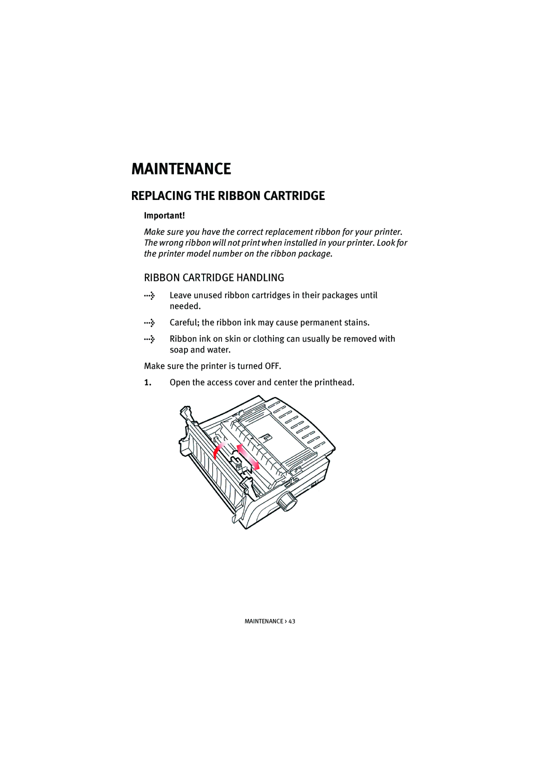 HP ML5590/91 manual Maintenance, Replacing the Ribbon Cartridge, Ribbon Cartridge Handling 