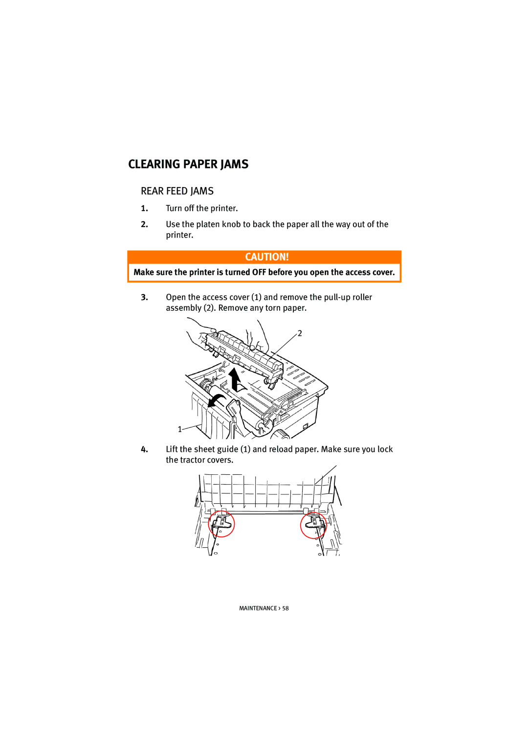 HP ML5590/91 manual Clearing Paper Jams, Rear Feed Jams 