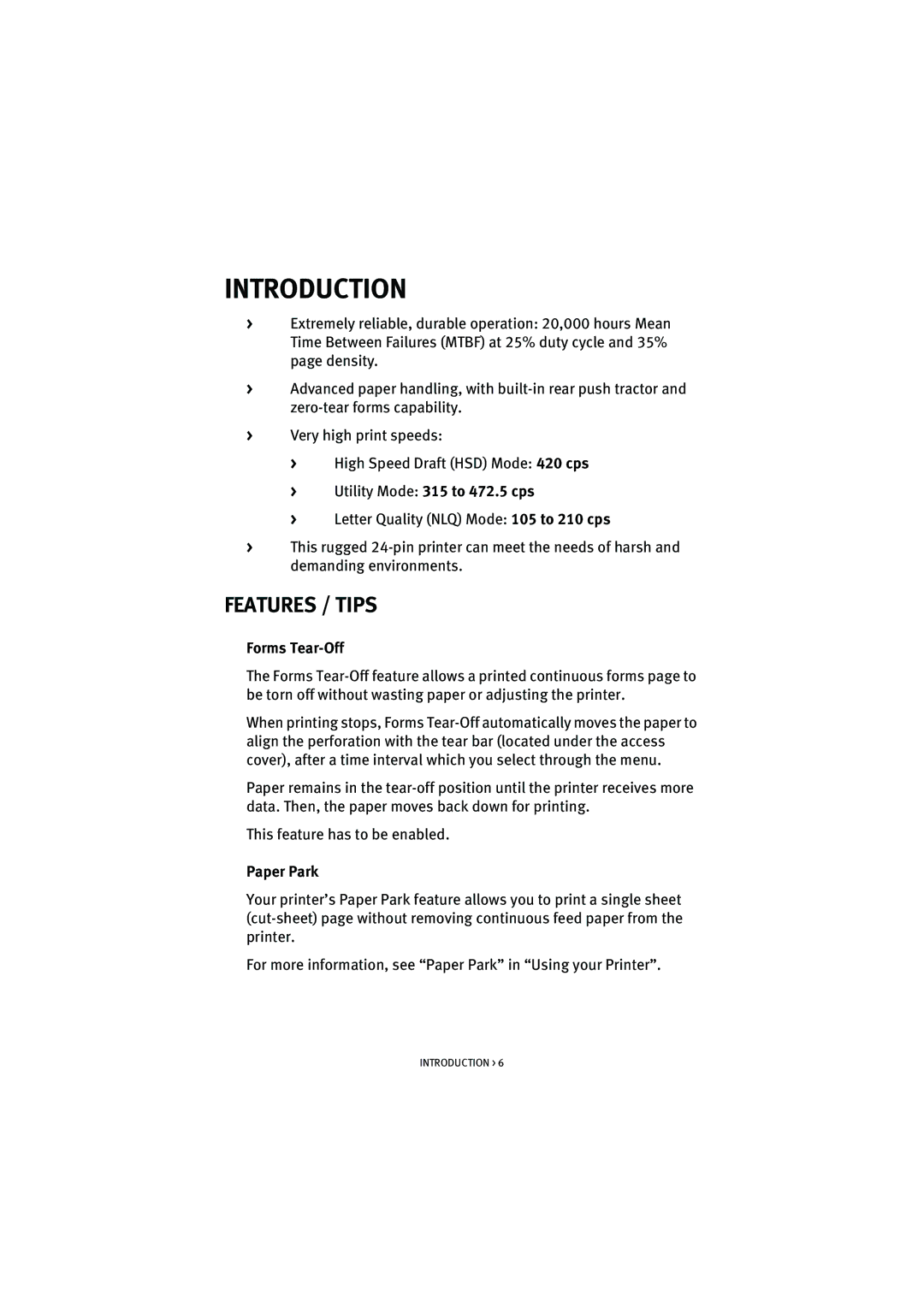 HP ML5590/91 manual Introduction, Features / Tips, Utility Mode 315 to 472.5 cps, Forms Tear-Off, Paper Park 