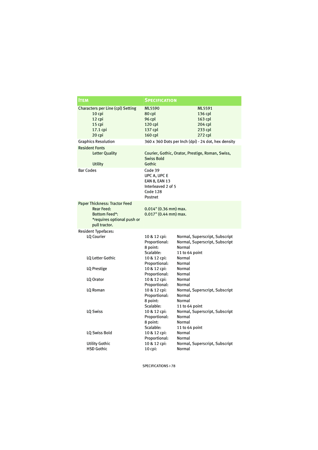 HP ML5590/91 manual Specification 