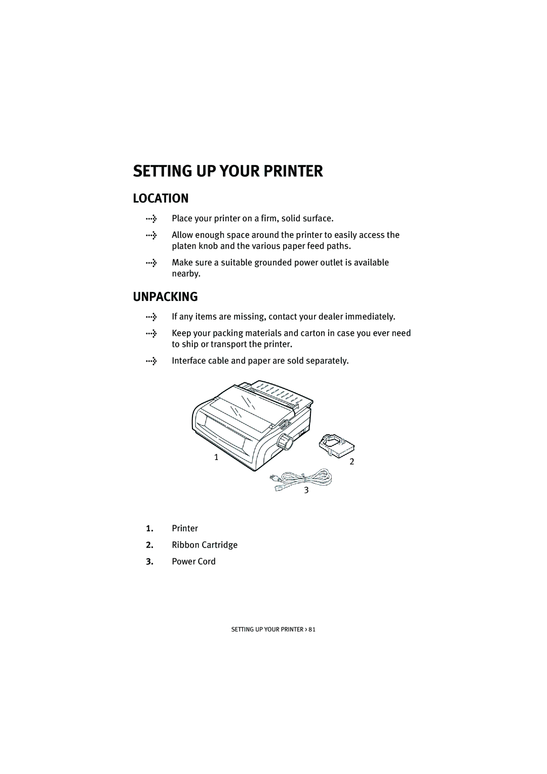 HP ML5590/91 manual Setting UP Your Printer, Location, Unpacking 