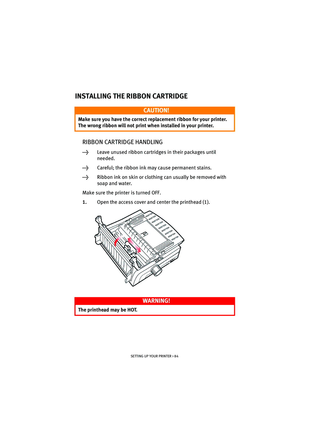 HP ML5590/91 manual Installing the Ribbon Cartridge, Ribbon Cartridge Handling 