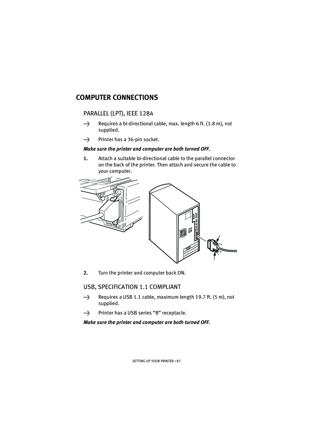 HP ML5590/91 manual Computer Connections, Parallel LPT, Ieee, USB, Specification 1.1 Compliant 