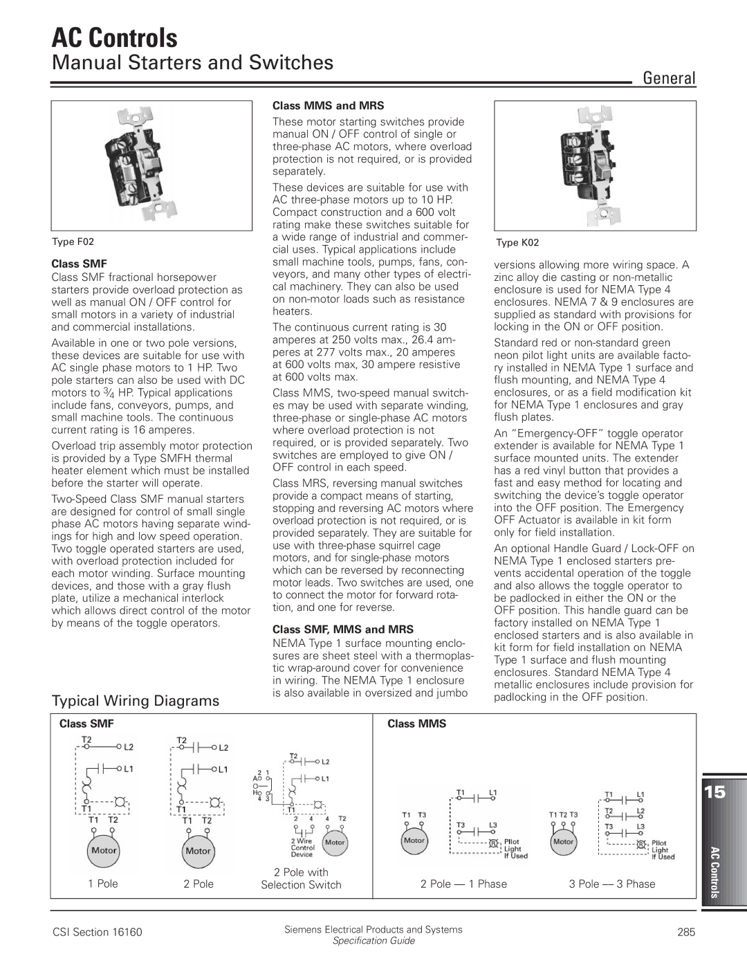 HP Class SMF, Class MMS and MRS, Type F02, Type K02 manual Manual Starters and Switches, General, Typical Wiring Diagrams 