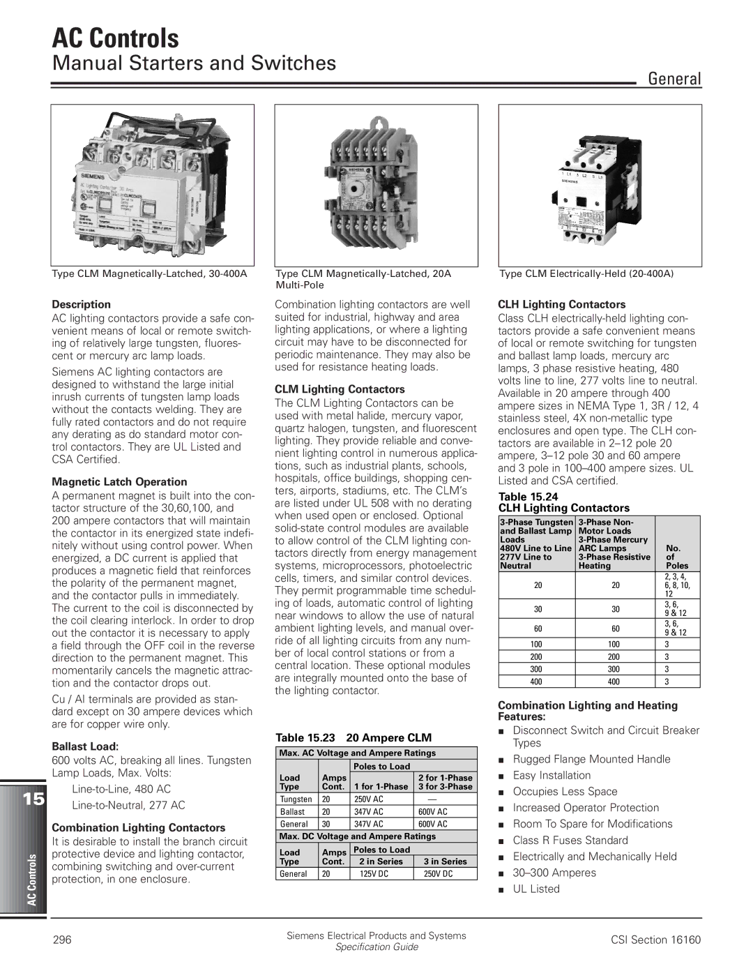 HP Type F02 Description, Magnetic Latch Operation, Ballast Load, Combination Lighting Contactors, CLM Lighting Contactors 