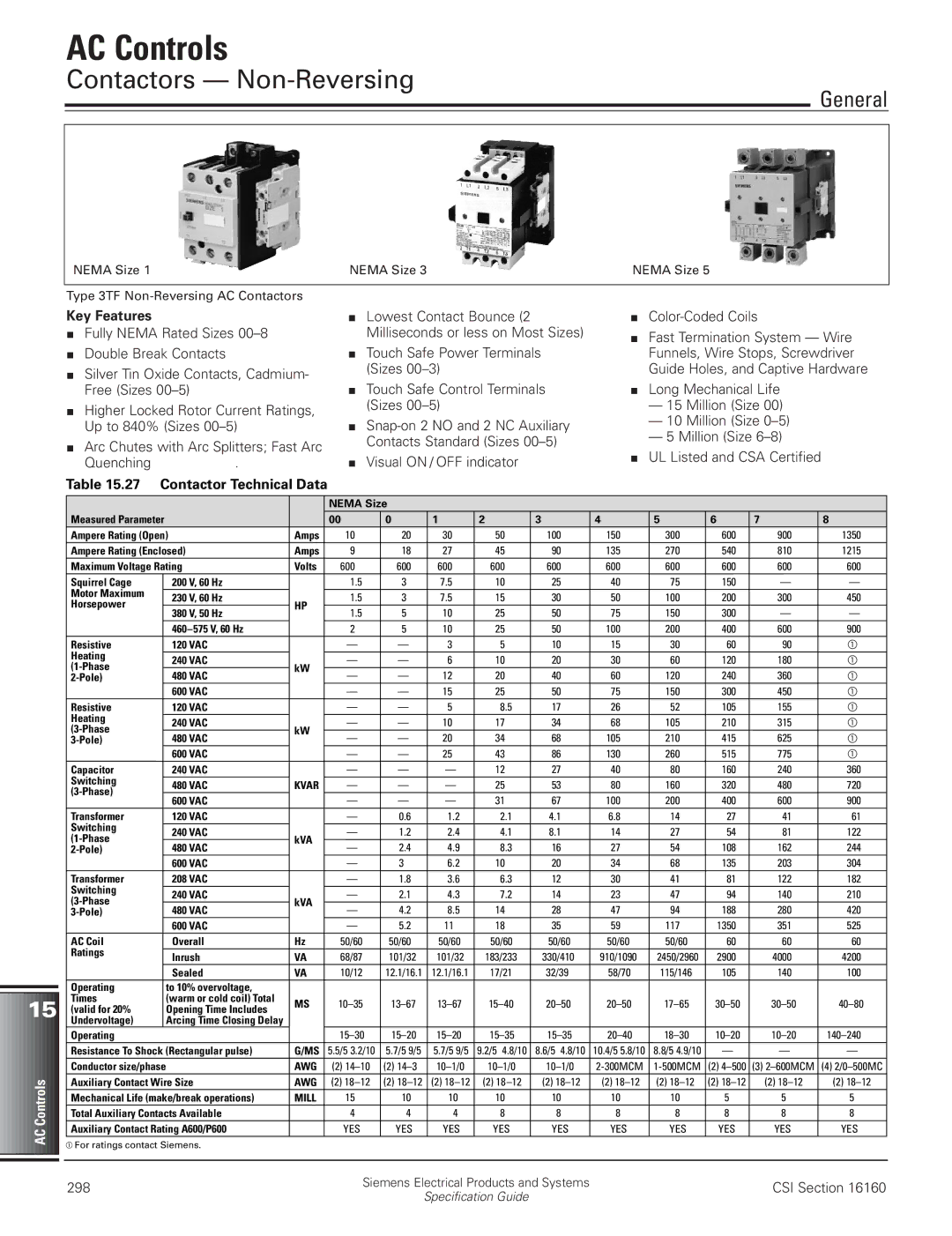 HP Class SMF, Class MMS and MRS, Type F02, Type K02 manual Contactors Non-Reversing, Key Features, Contactor Technical Data 