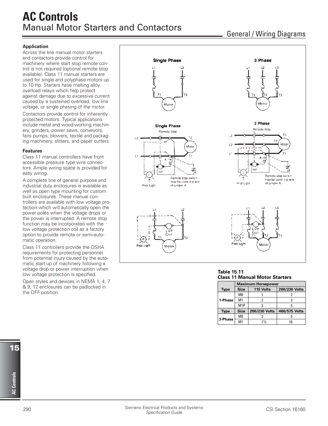 HP Class MMS and MRS manual Manual Motor Starters and Contactors, General / Wiring Diagrams, Class 11 Manual Motor Starters 